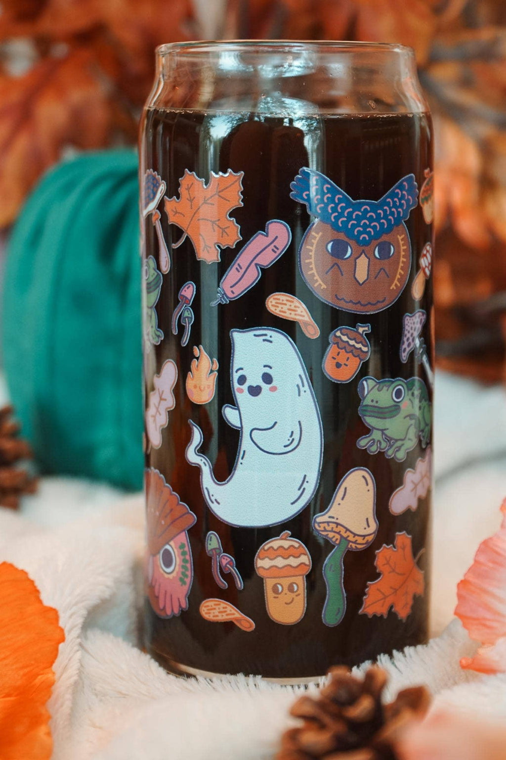 Haunted Forest Can Glass | ghosts, owls, toads & acorns 16 oz