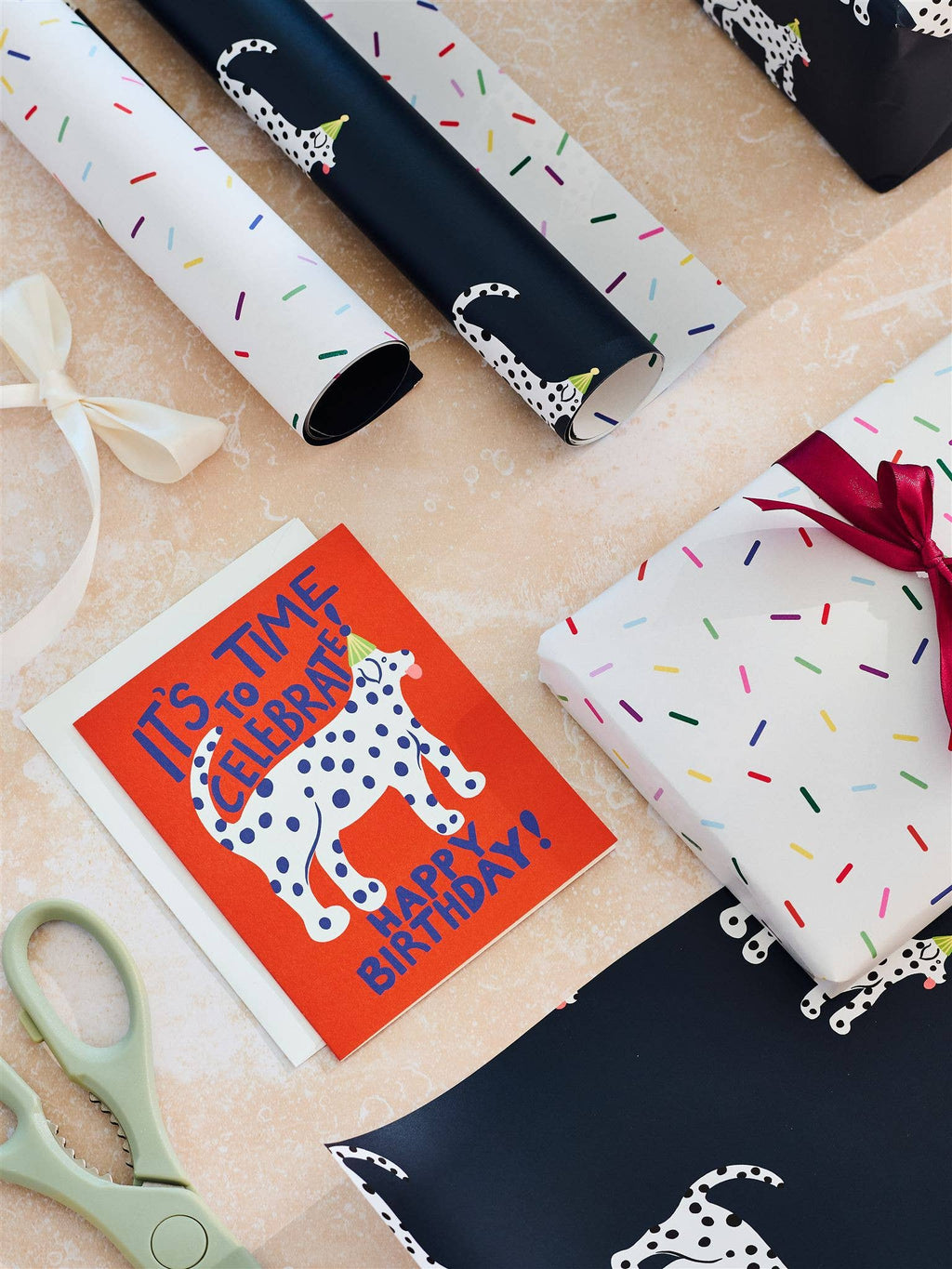Party Dalmatian and Funfetti Sprinkles Birthday Double Sided Gift Wrap | Set of 3 Sheets