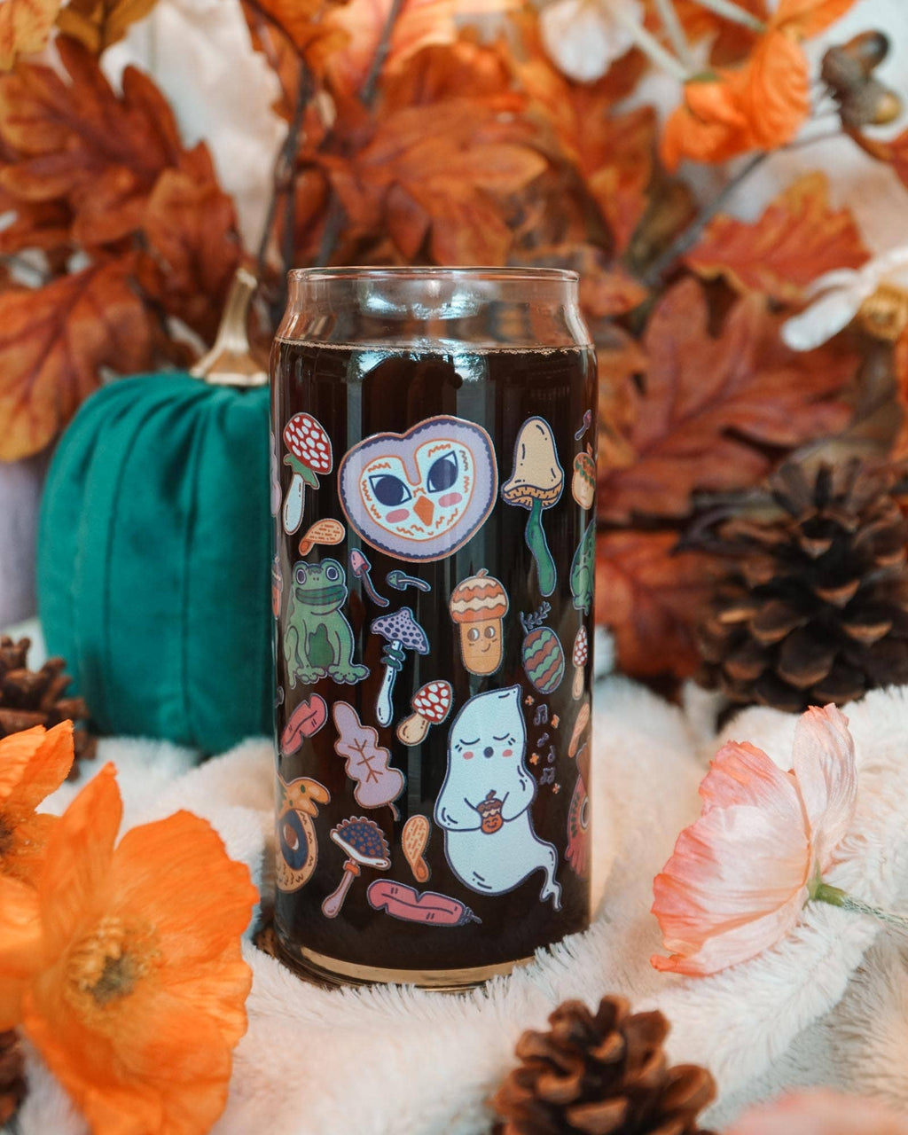 Haunted Forest Can Glass | ghosts, owls, toads & acorns 16 oz