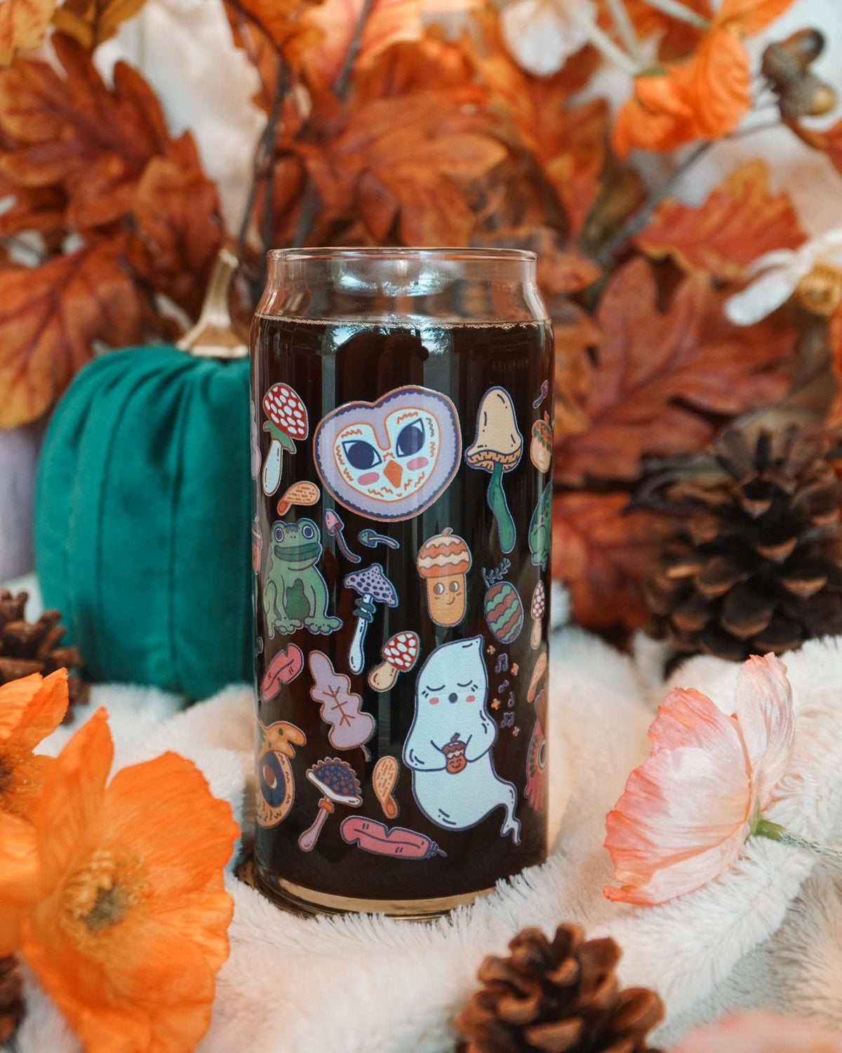 Haunted Forest Can Glass | ghosts, owls, toads & acorns 16 oz