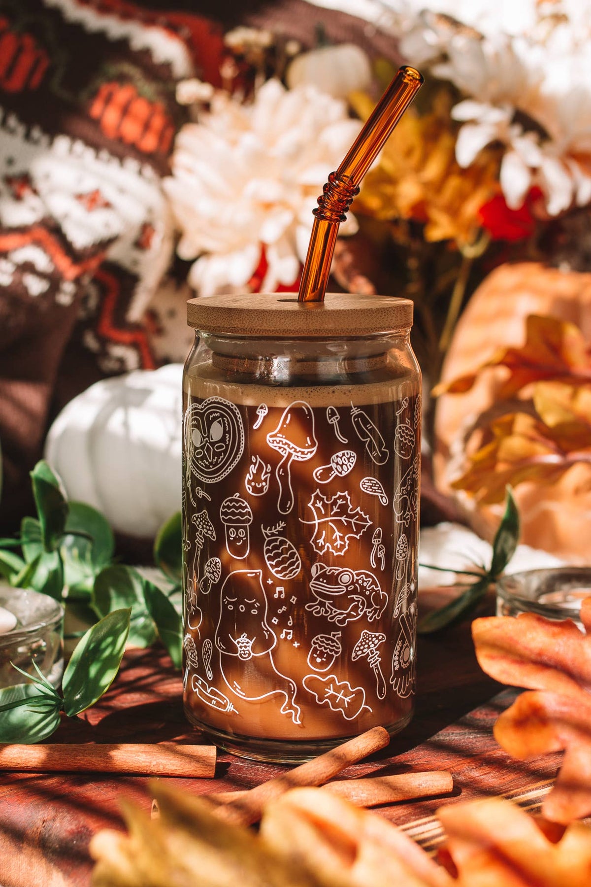 Haunted Forest Can Glass | ghosts, owls, toads & acorns 16 oz