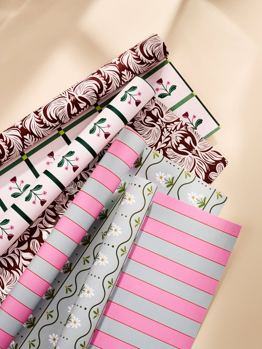 Daisy Stripe and Pink and Dusty Blue Stripe Double Sided Gift Wrap | Set of 3 Sheets