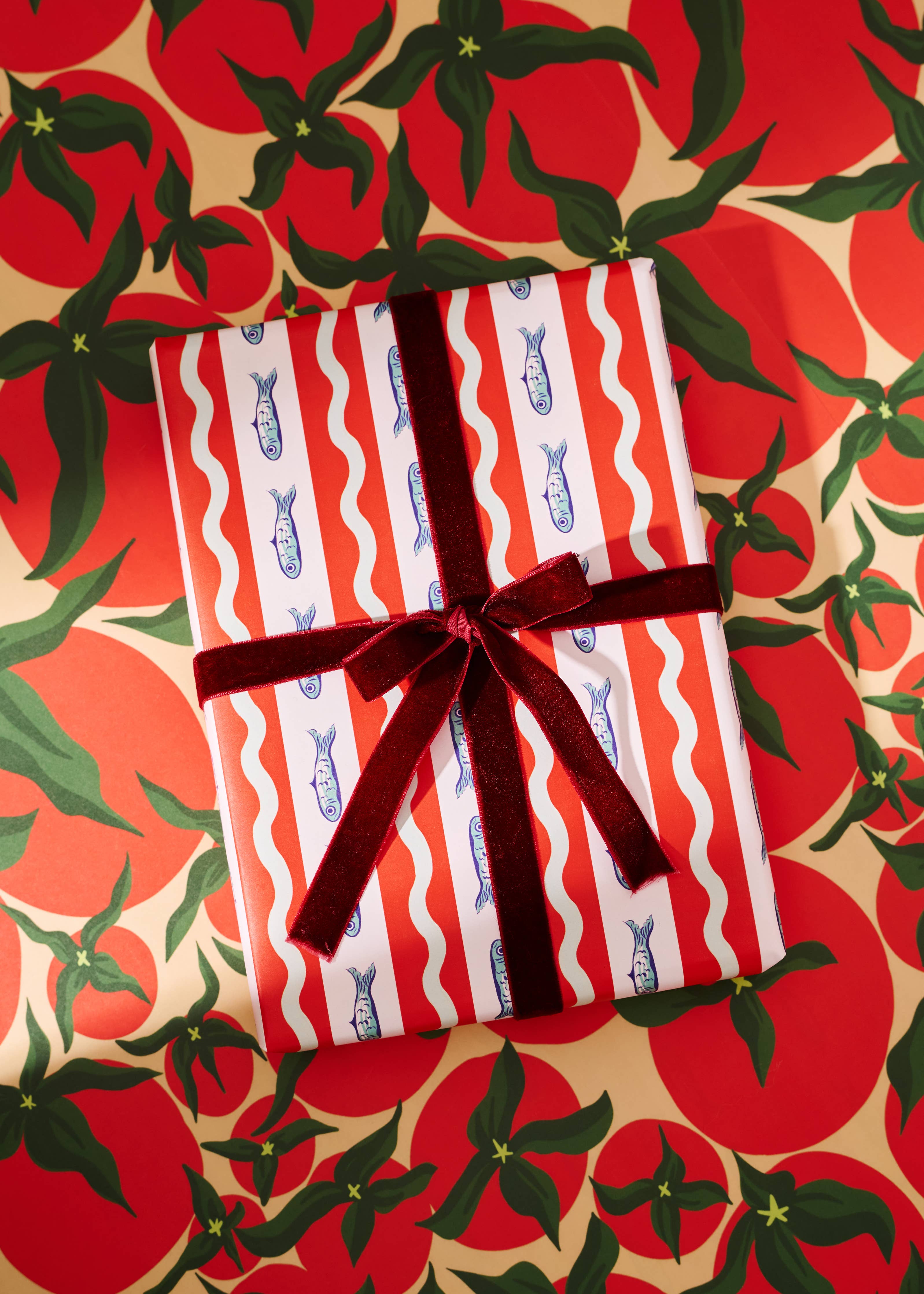 Squiggle Sardine Stripe & Tomato Double Sided Gift Wrap- Set of 3 Sheets