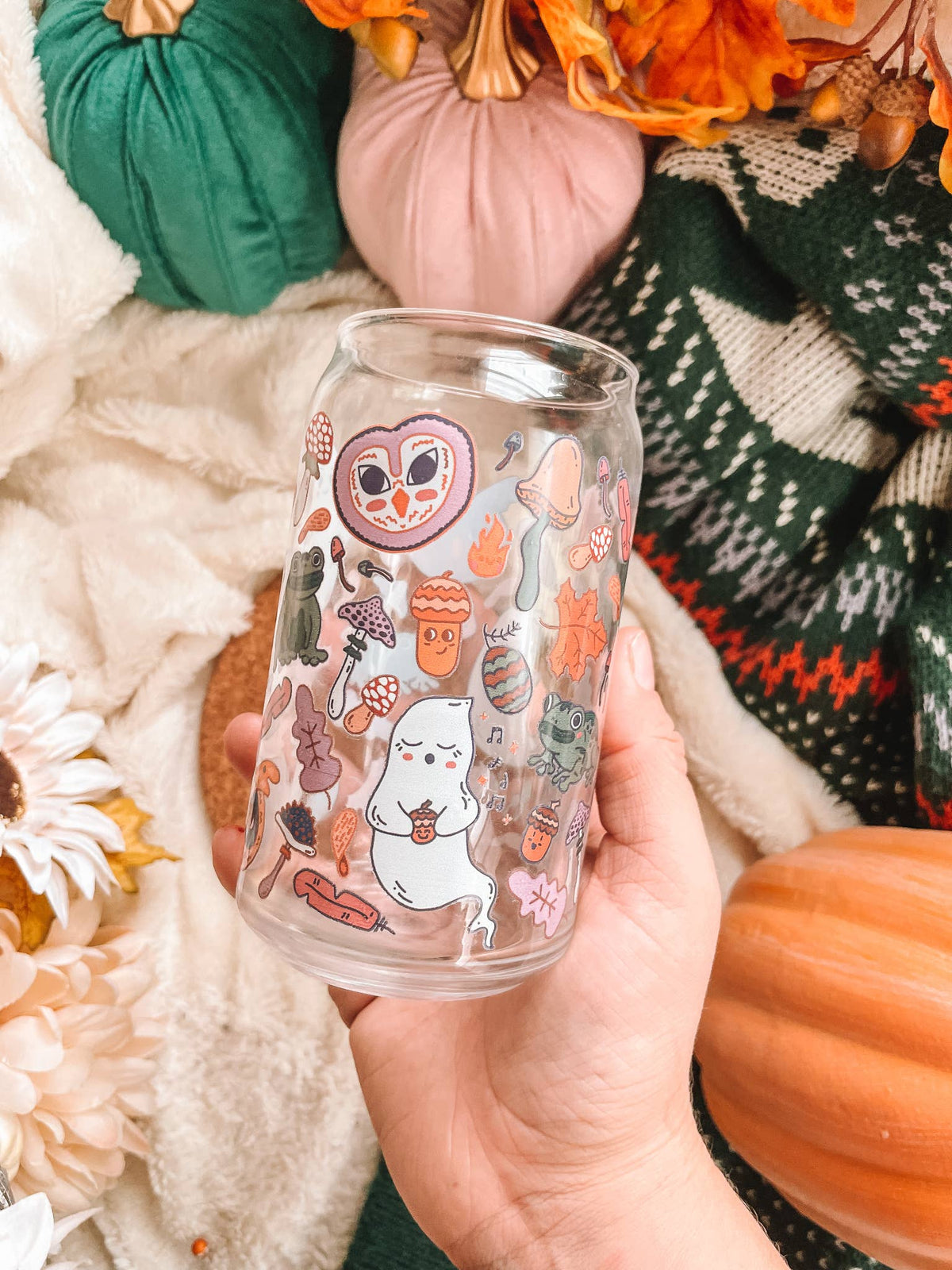 Haunted Forest Can Glass | ghosts, owls, toads & acorns 16 oz