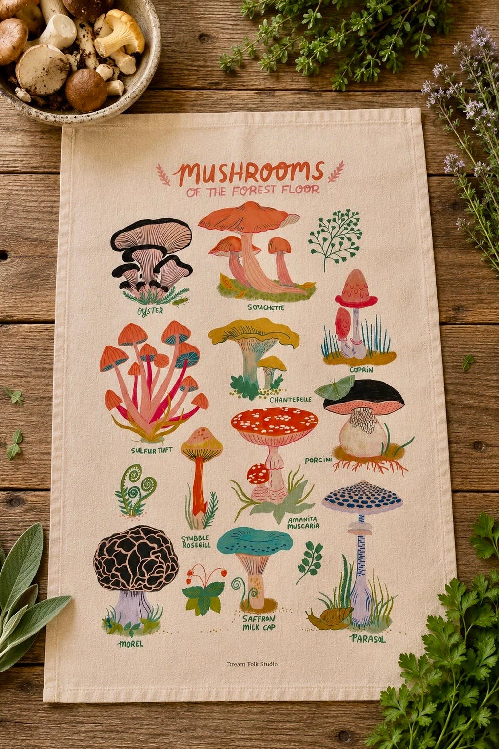 Mushrooms of the Forest Floor 100% European Linen Tea Towel