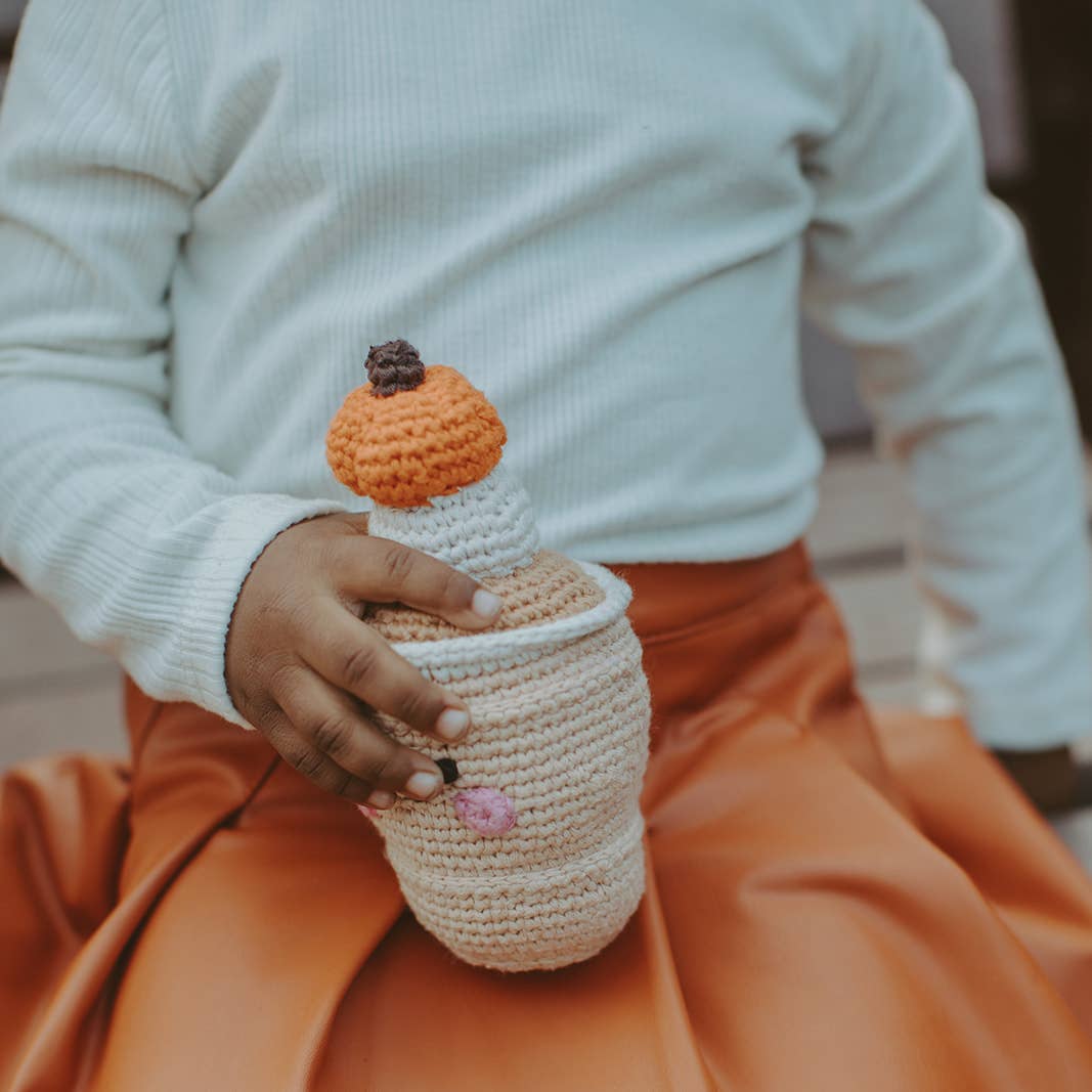 Pumpkin Spice Latte Baby Rattle -Handmade Organic Cotton Toy