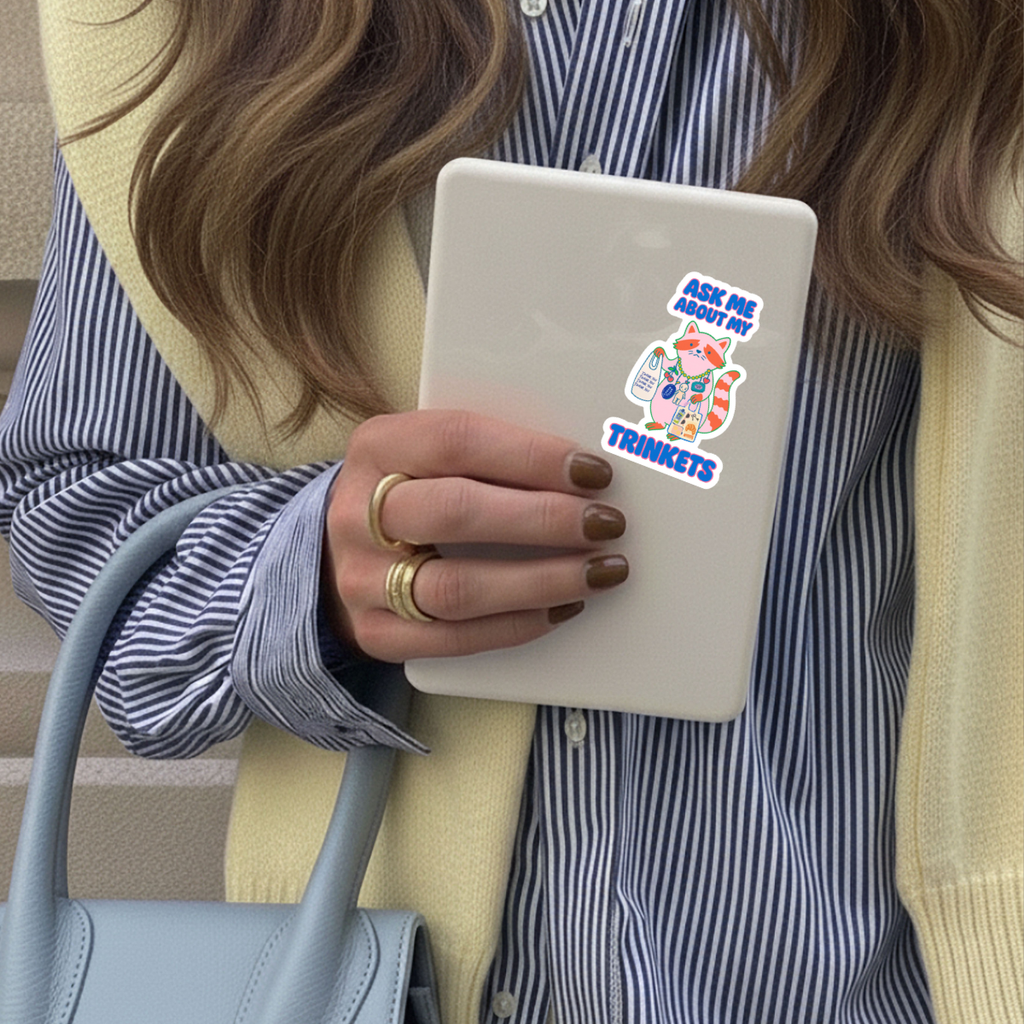 Ask Me About My Trinkets Sticker –Quirky Raccoon Collectible