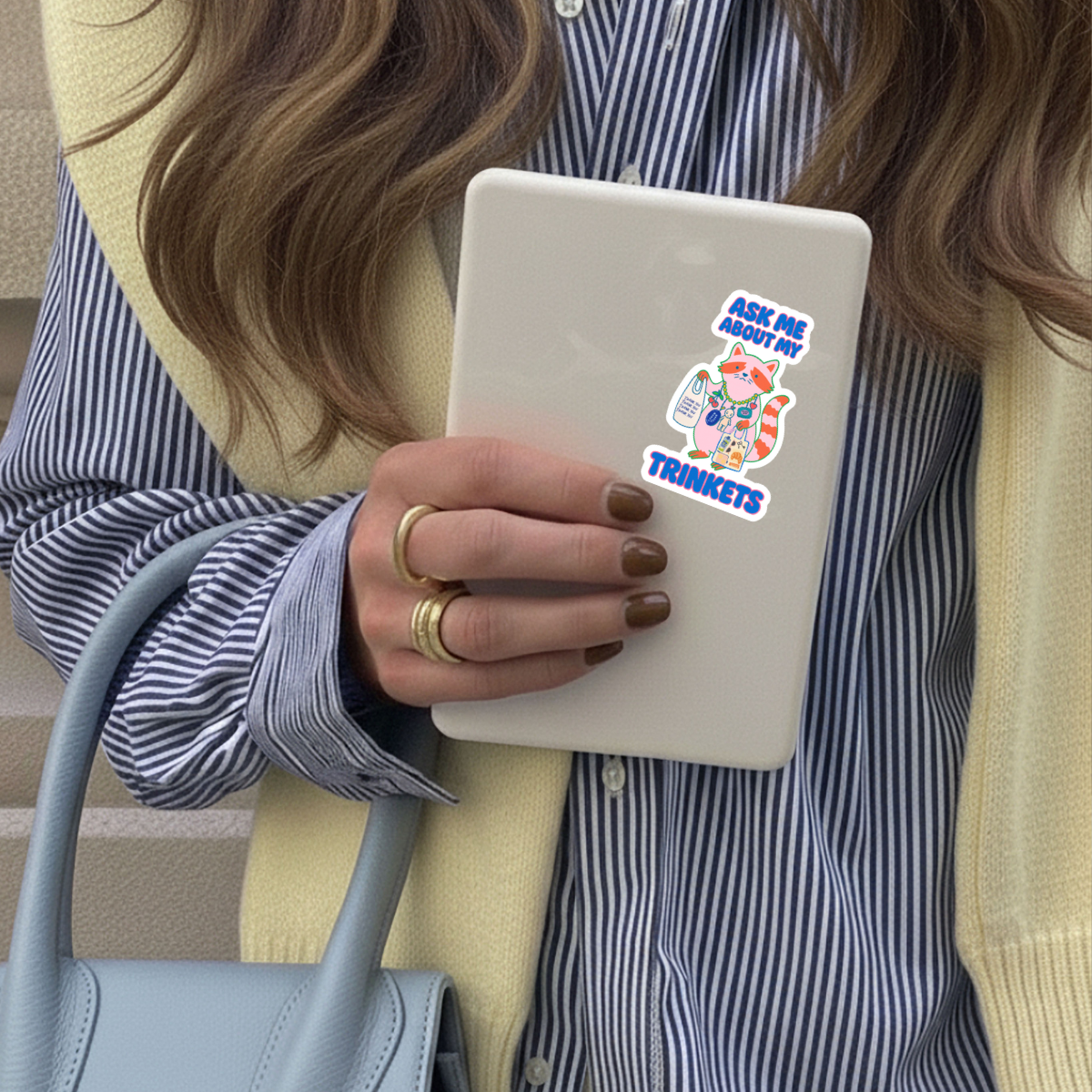 Ask Me About My Trinkets Sticker –Quirky Raccoon Collectible