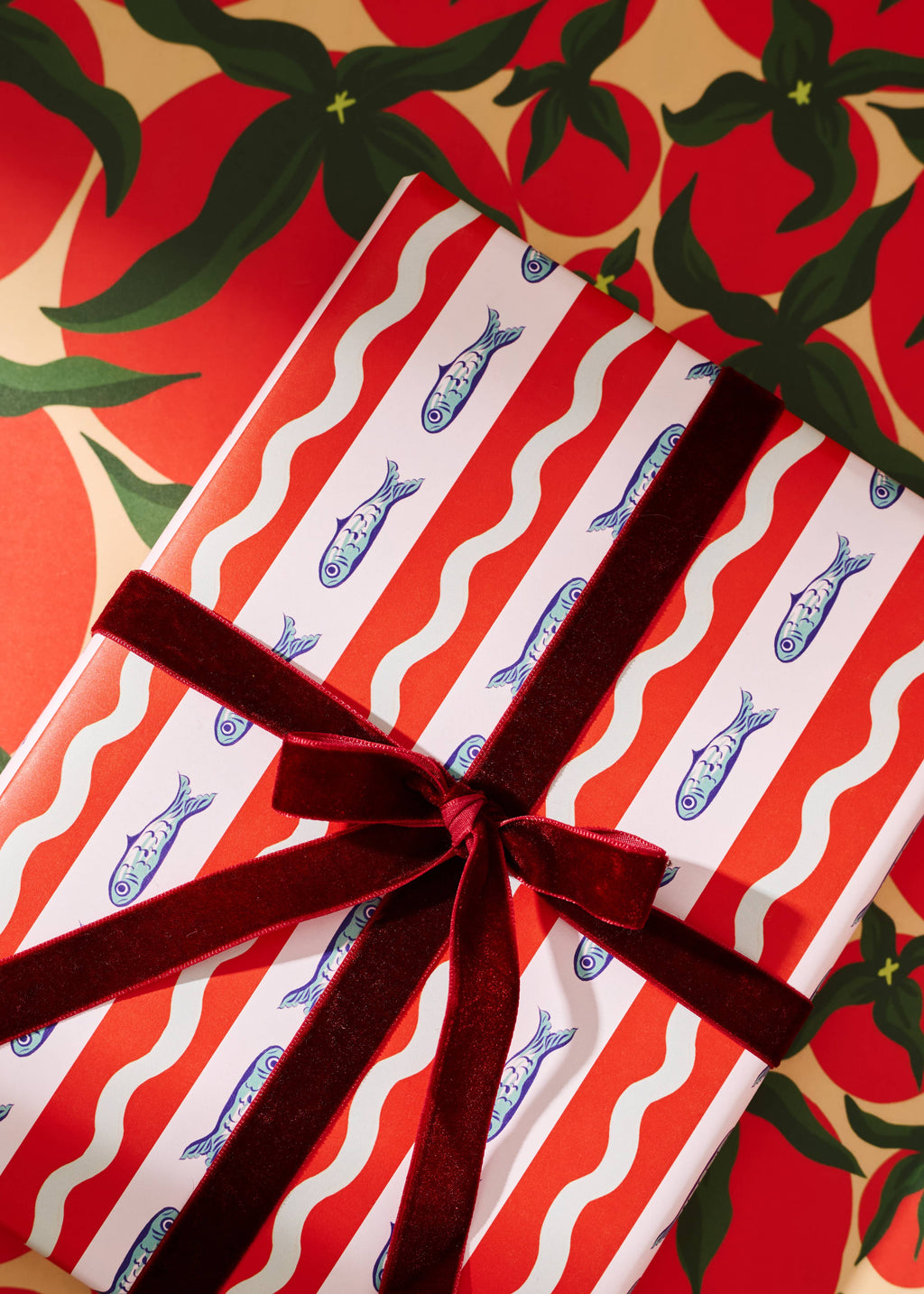 Squiggle Sardine Stripe & Tomato Double Sided Gift Wrap- Set of 3 Sheets