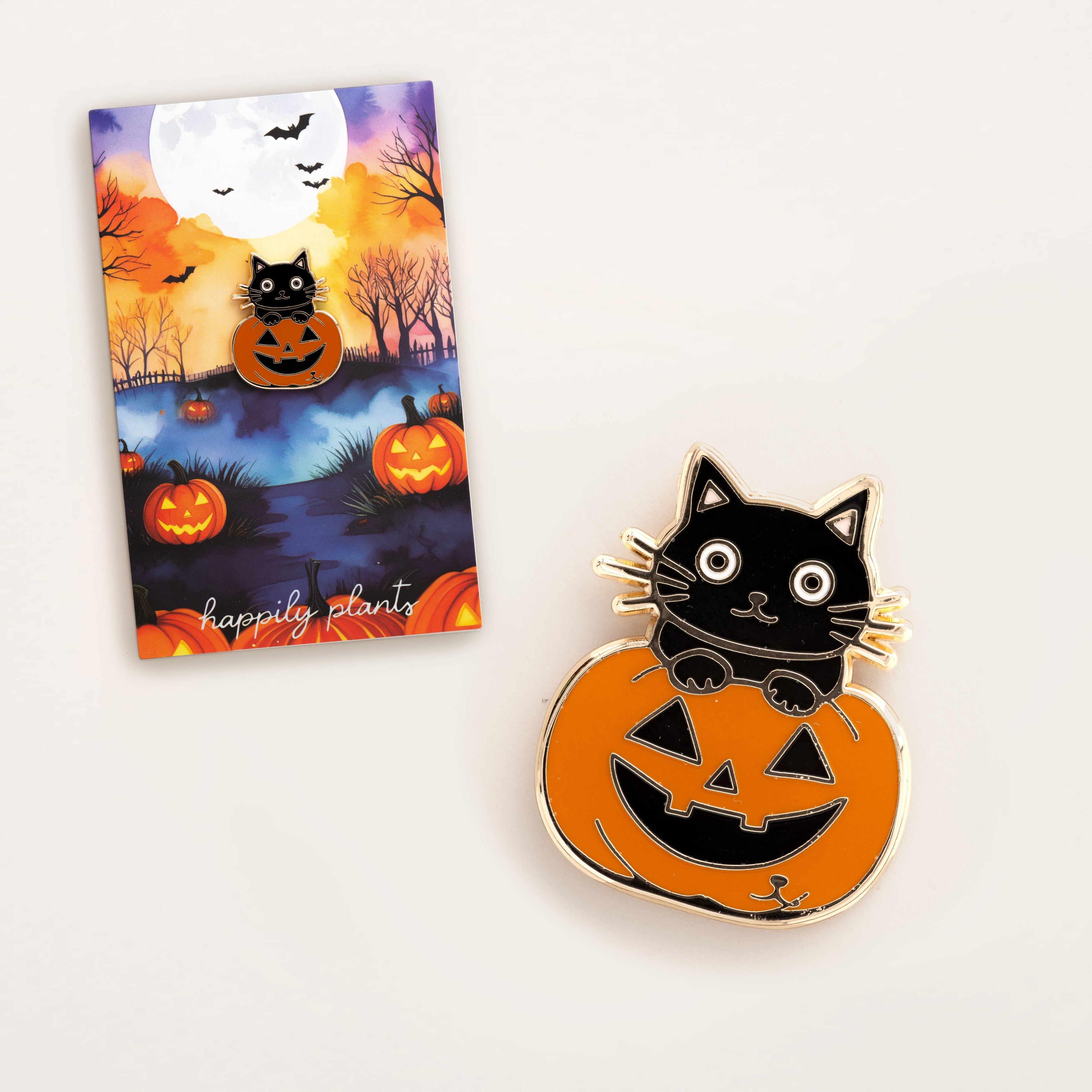 Pumpkin & Black Cat Pin, Jack o lantern, Halloween