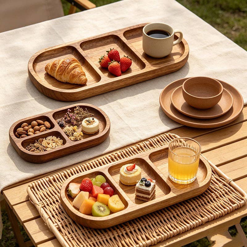 Acacia Wood 3-Compartment Serving Plates - Divided Tray for Snacks, Condiments & Fruit