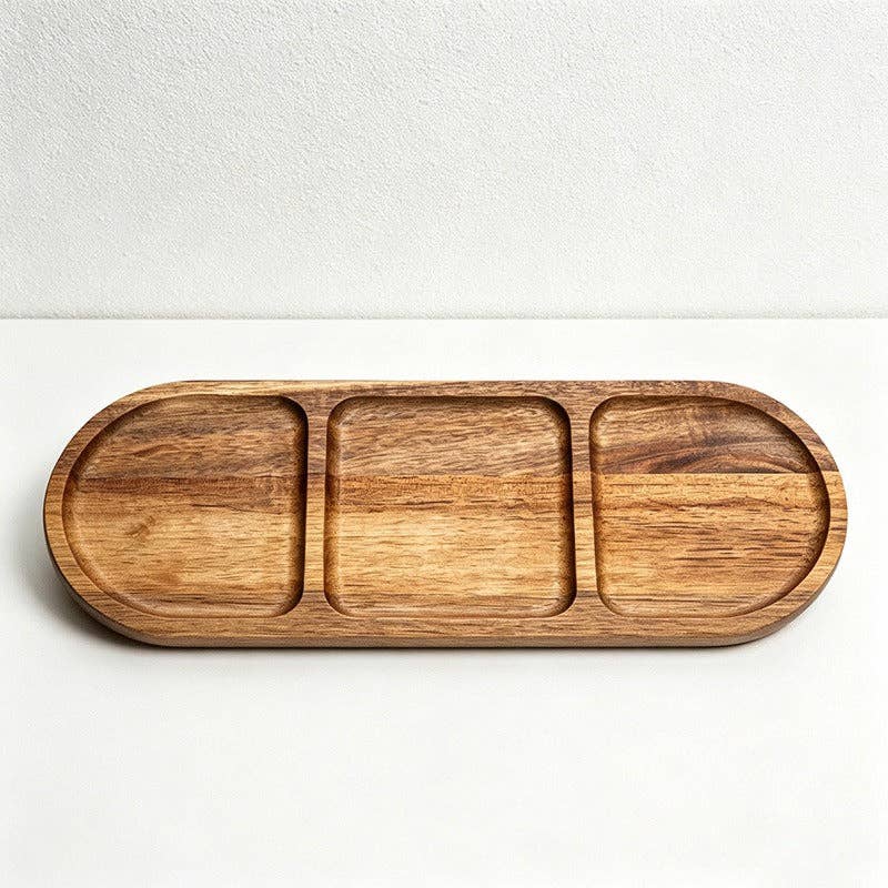 Acacia Wood 3-Compartment Serving Plates - Divided Tray for Snacks, Condiments & Fruit