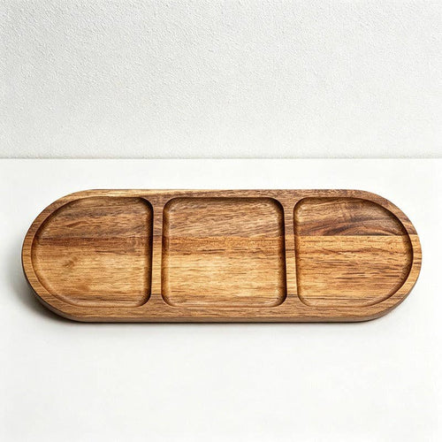 Acacia Wood 3-Compartment Serving Plates - Divided Tray for Snacks, Condiments & Fruit