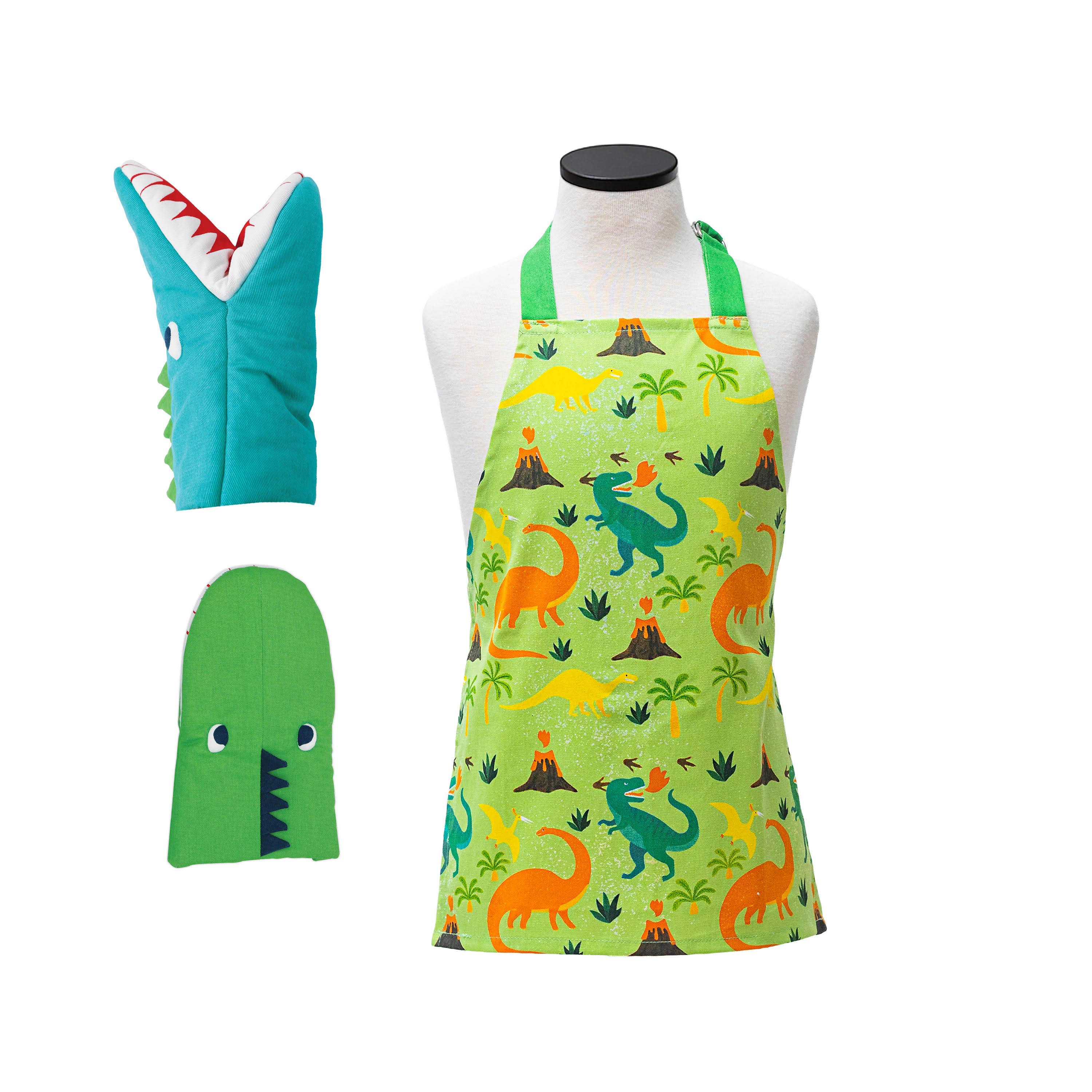 Dinosaur Kids Apron 3pc Set – Youth Apron and Oven Mitts