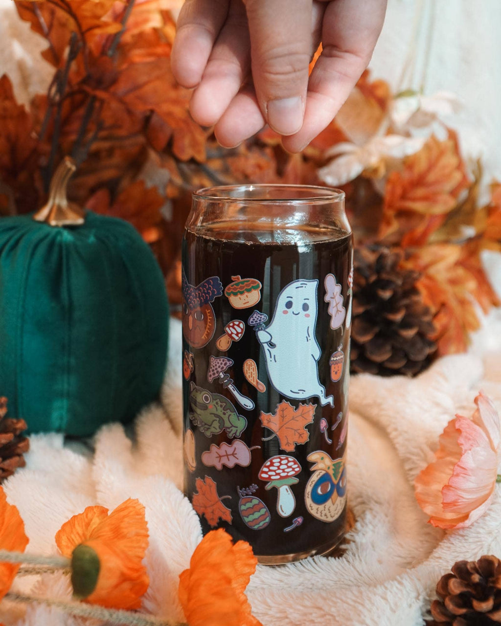 Haunted Forest Can Glass | ghosts, owls, toads & acorns 16 oz