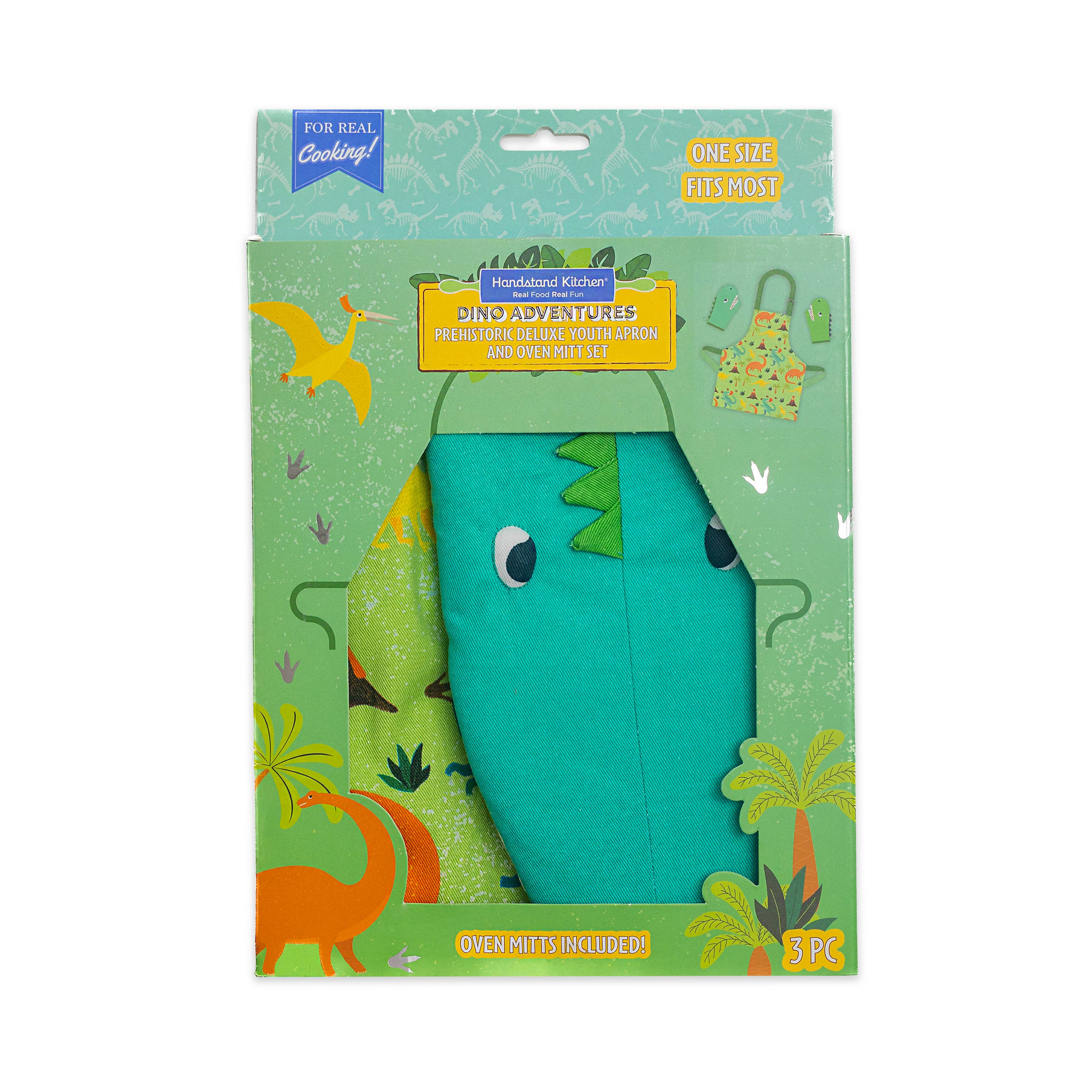 Dinosaur Kids Apron 3pc Set – Youth Apron and Oven Mitts