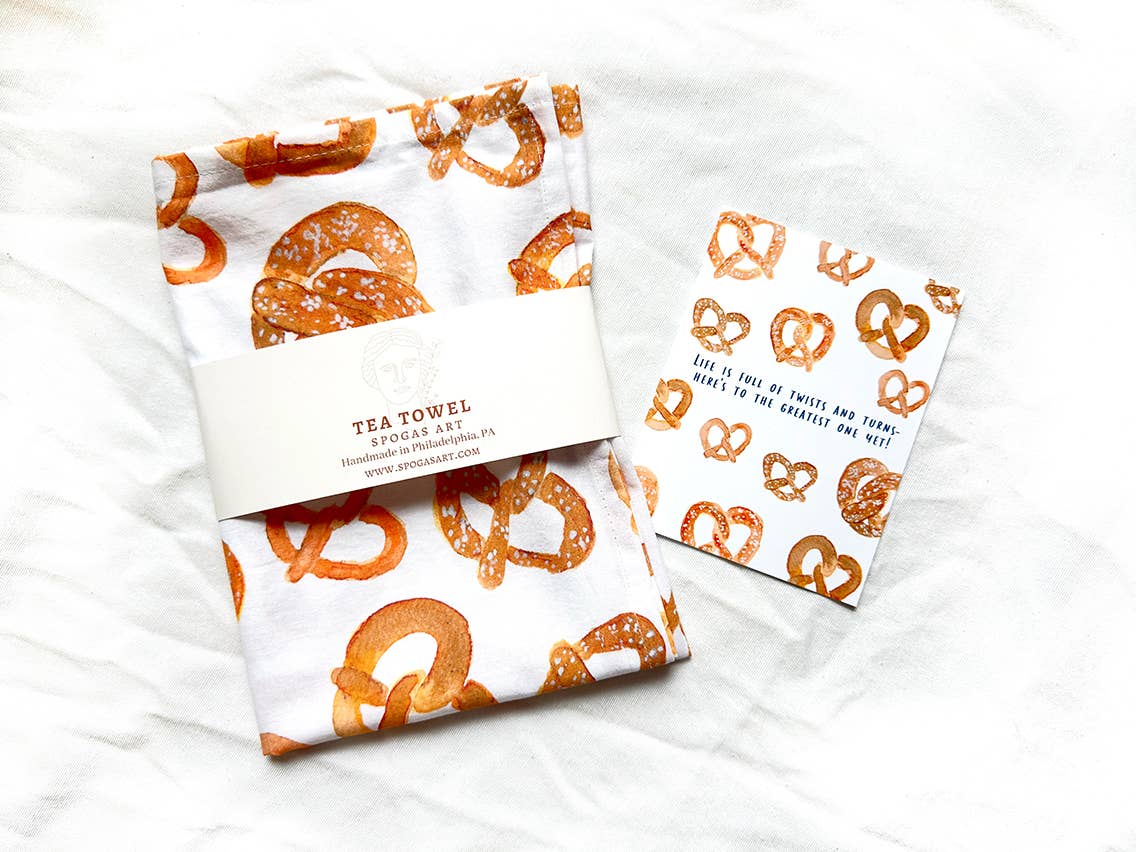 Watercolor Pretzel Kitchen Tea Towel - 100% cotton